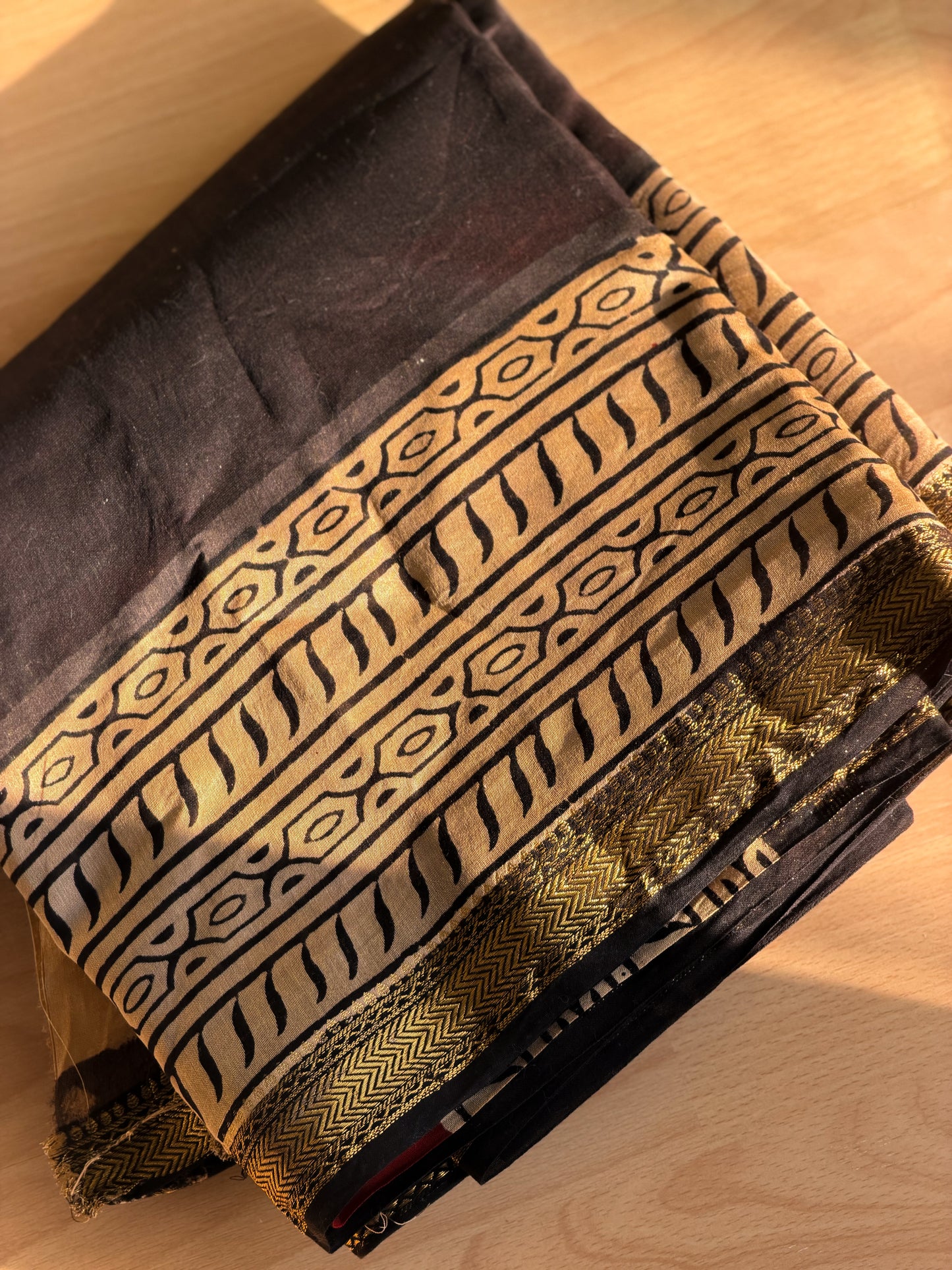 Black hand block Printed Maheshwari silk cotton Saree