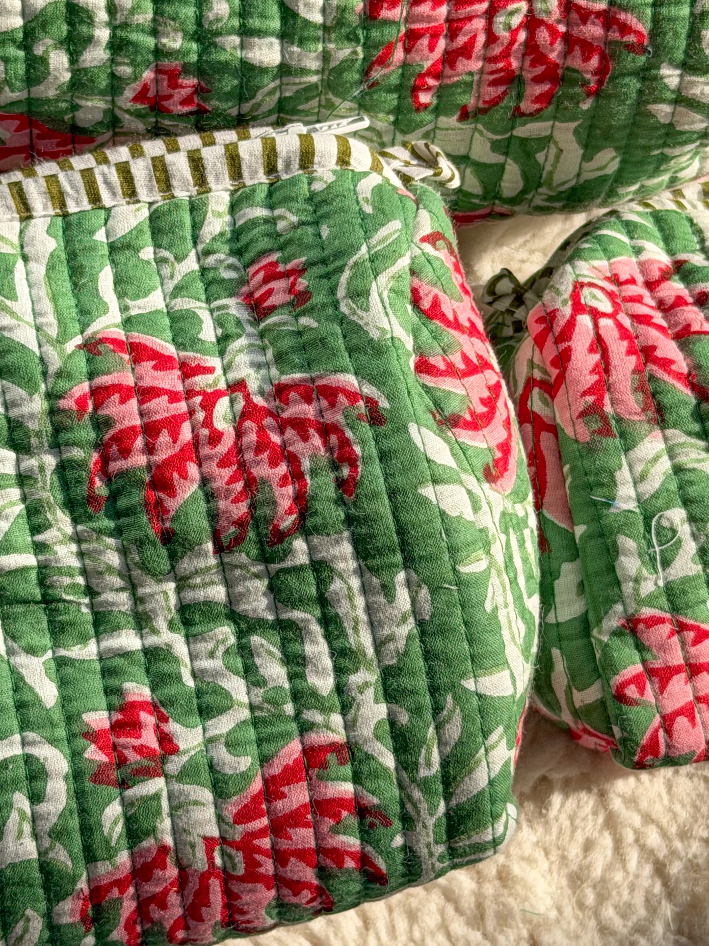 Emerald Blossom Quilted Pouch Set