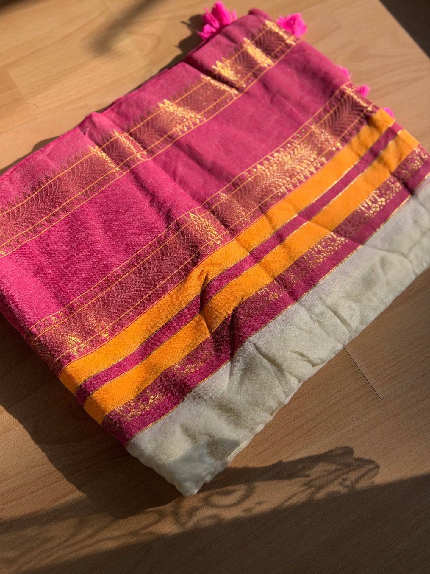 Yellow pink boarder Mul Cotton Saree