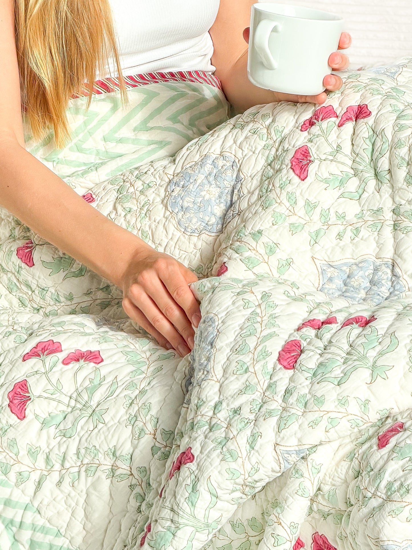 Soft Sage Green & Blush Pink Floral
- Handmade Reversible Single Quilt Blanket