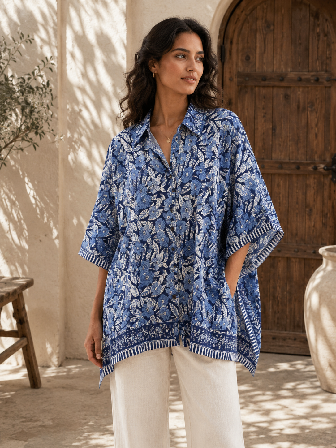 Indigo Hand Block Printed Kaftan shirt