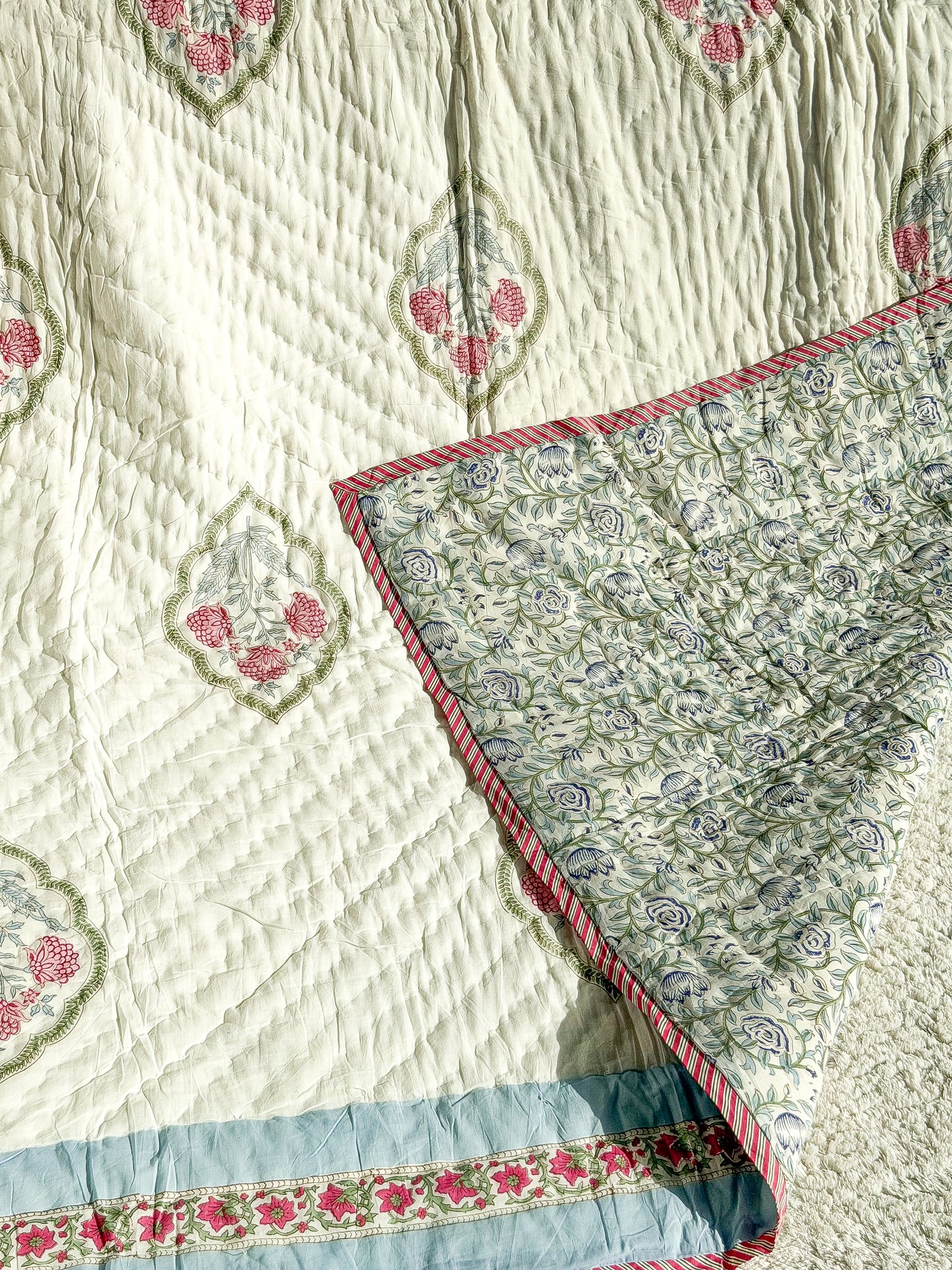 Peach Blue - Handmade Reversible Single Quilt Blanket