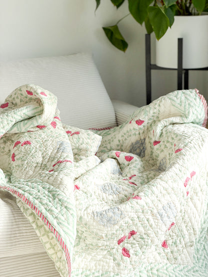Soft Sage Green & Blush Pink Floral
- Handmade Reversible Single Quilt Blanket