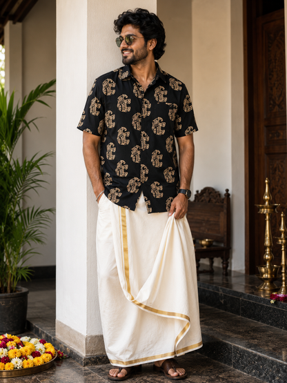 Hand Block Printed Shirt Black Elephant