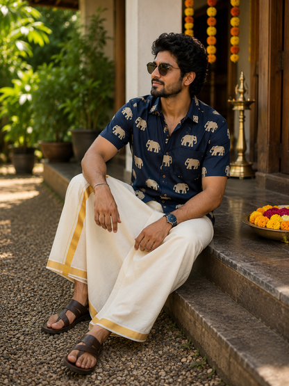 Midnight Elephant Hand Block Printed Shirt