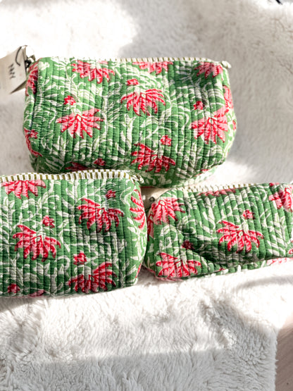 Emerald Blossom Quilted Pouch Set