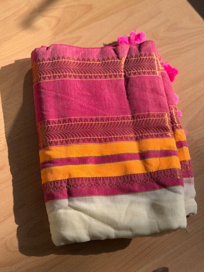 Yellow pink  boarder Mul Cotton Saree