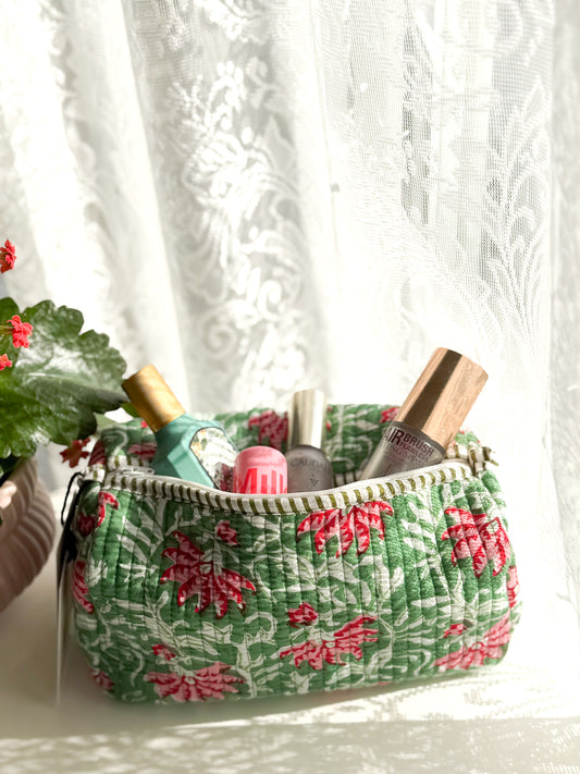 Emerald Blossom Quilted Pouch Set