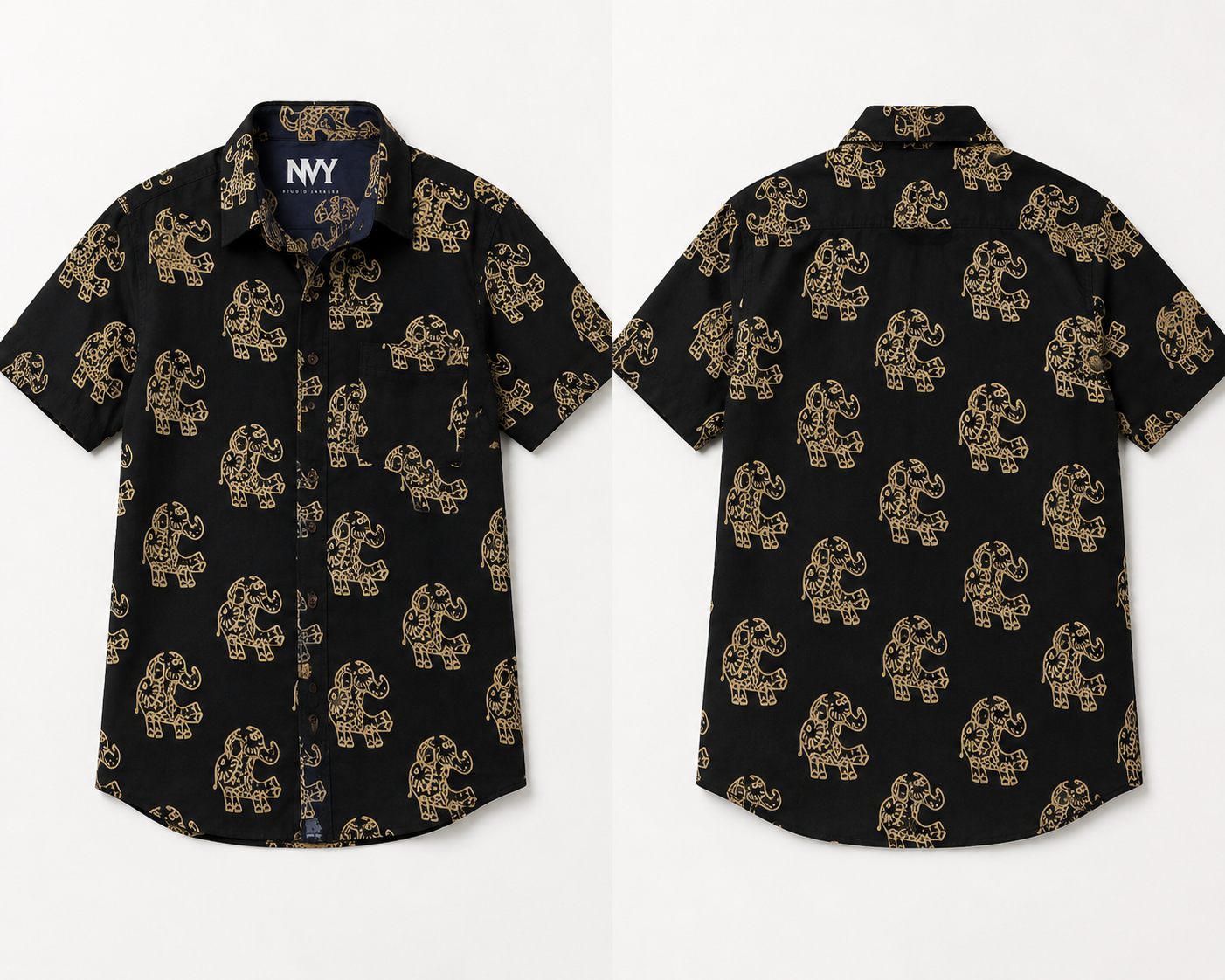Hand Block Printed Shirt Black Elephant