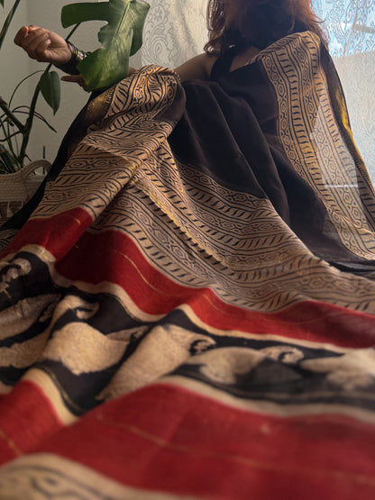 Black hand block Printed Maheshwari silk cotton Saree