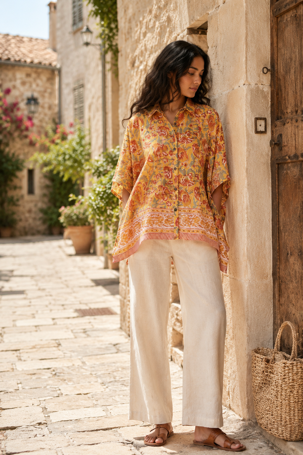 Mustard Floral Hand Block Printed Kaftan shirt