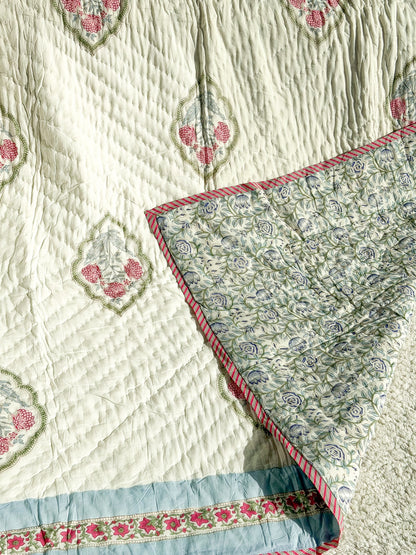 Peach Blue - Handmade Reversible Single Quilt Blanket