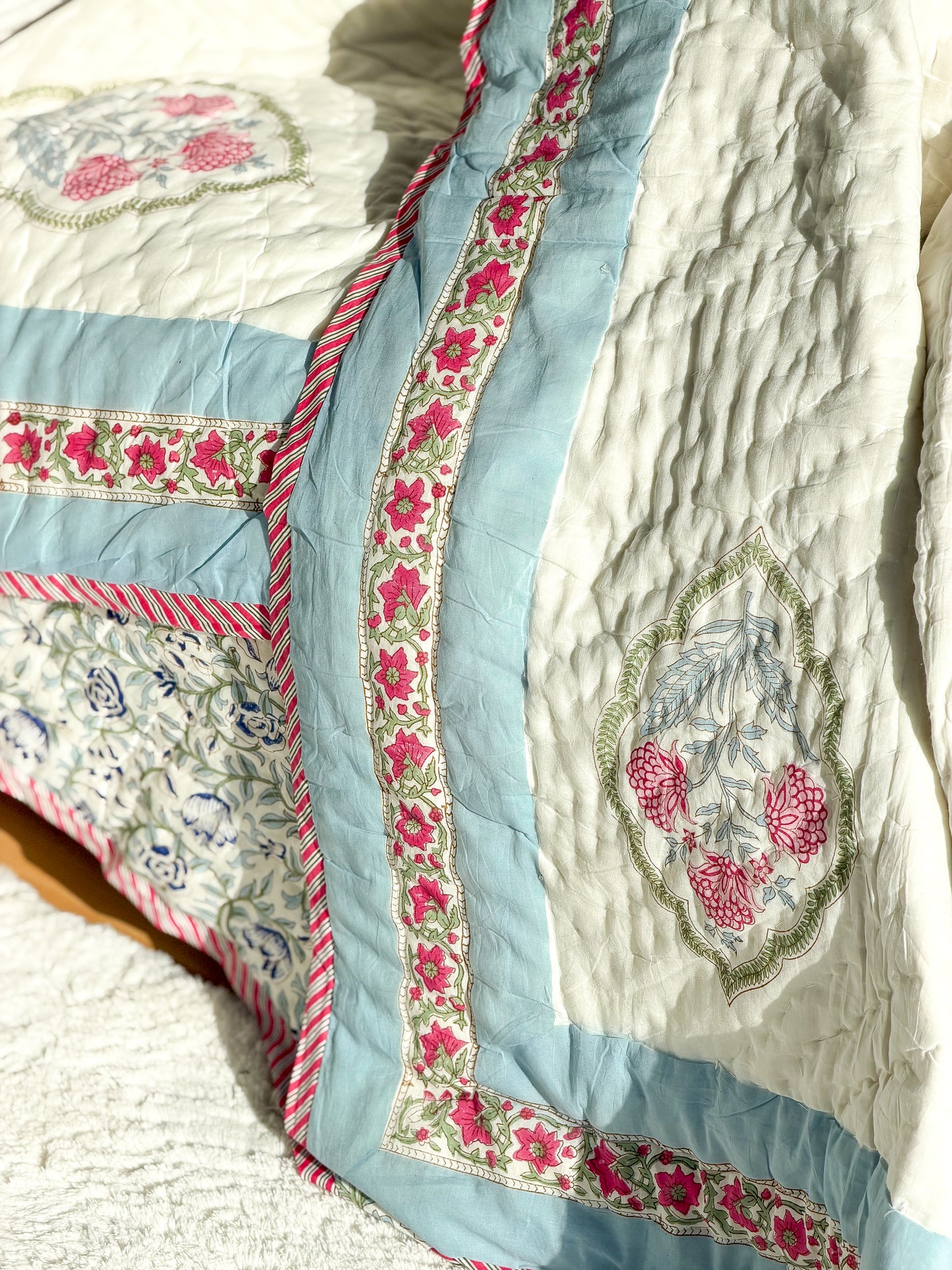 Peach Blue - Handmade Reversible Single Quilt Blanket