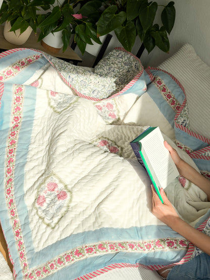 Peach Blue - Handmade Reversible Single Quilt Blanket