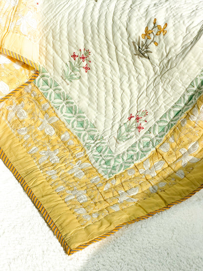Yellow Flora Wrap -Handmade Reversible Single Quilt Blanket