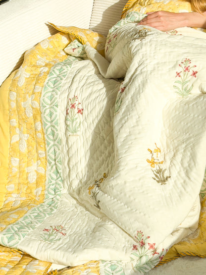 Yellow Flora Wrap -Handmade Reversible Single Quilt Blanket