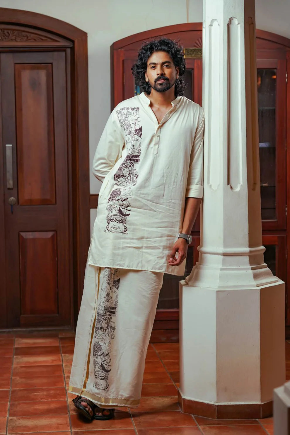 Kurtha with Kerala Theme Print - Off White Long