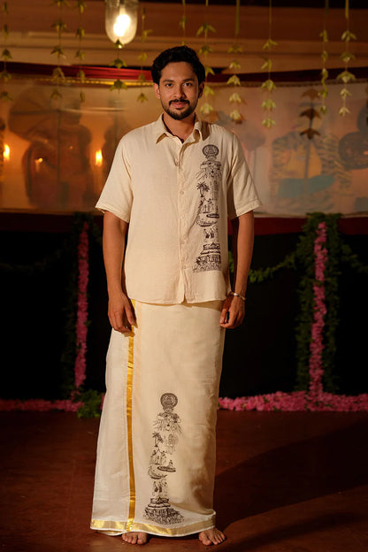 Keraleeyam Hand Block Printed Golden Kasavu Dhothi
- Limited Stock