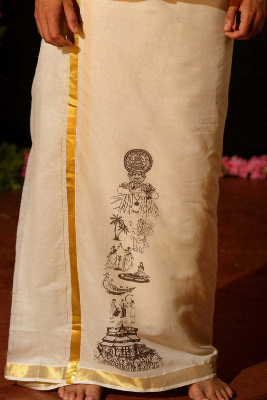 Keraleeyam Hand Block Printed Golden Kasavu Dhothi
- Limited Stock